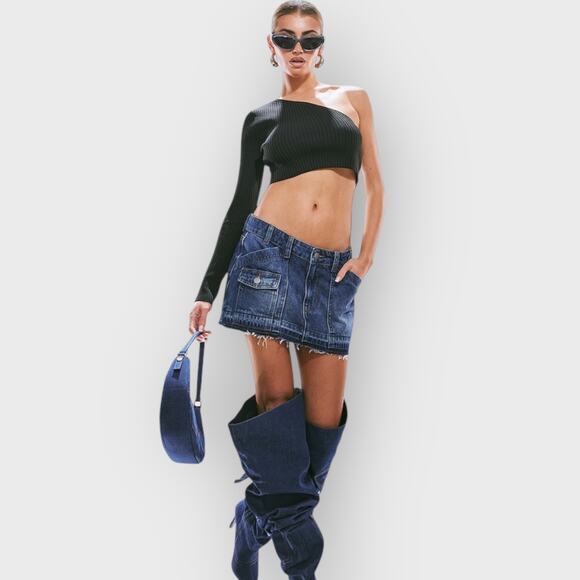 PrettyLittleThing Black Rib Knit One Shoulder Halterneck Top 6 Cropped Clubwear - Picture 1 of 8